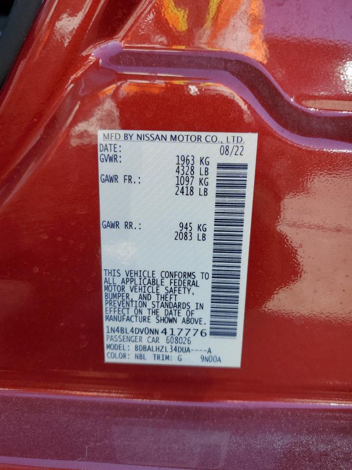 2022 NISSAN ALTIMA SV VIN:1N4BL4DV0NN417776