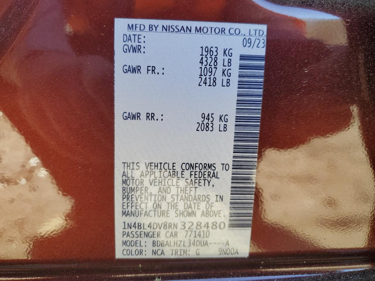 2024 NISSAN ALTIMA SV VIN:1N4BL4DV8RN328480