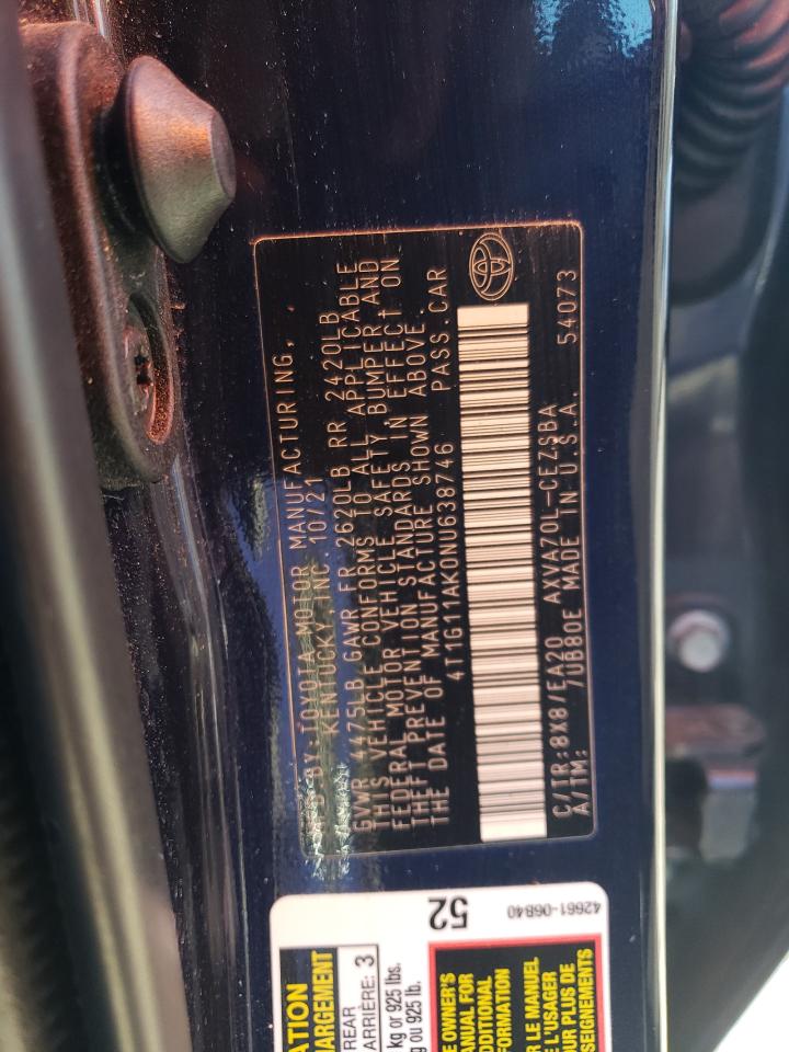 2022 TOYOTA CAMRY SE VIN:4T1G11AK0NU638746