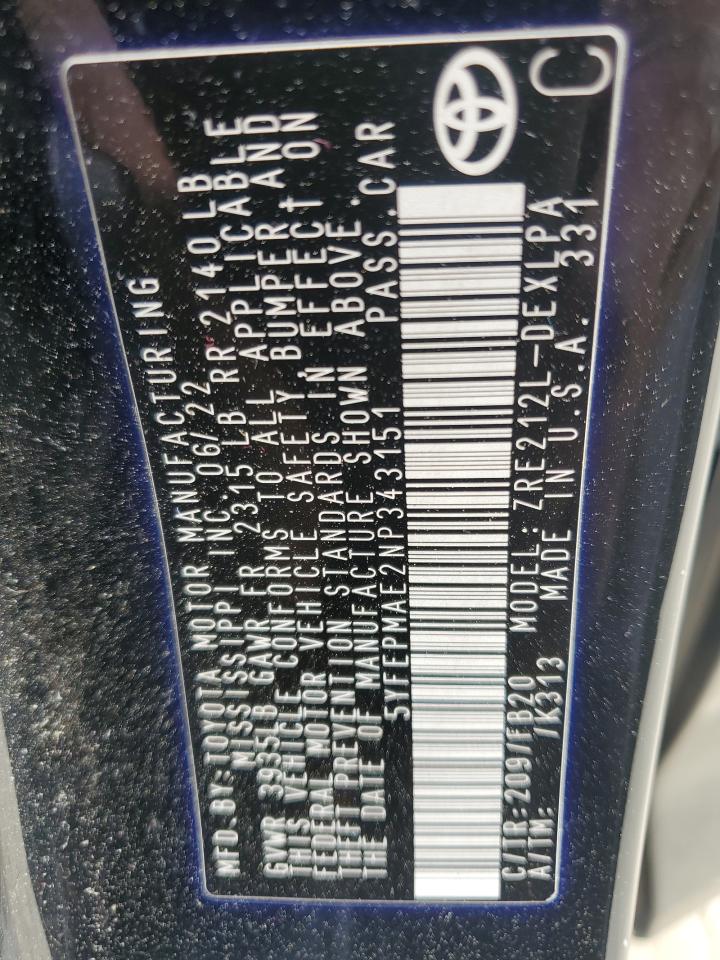 2022 TOYOTA COROLLA LE VIN:5YFEPMAE2NP343151