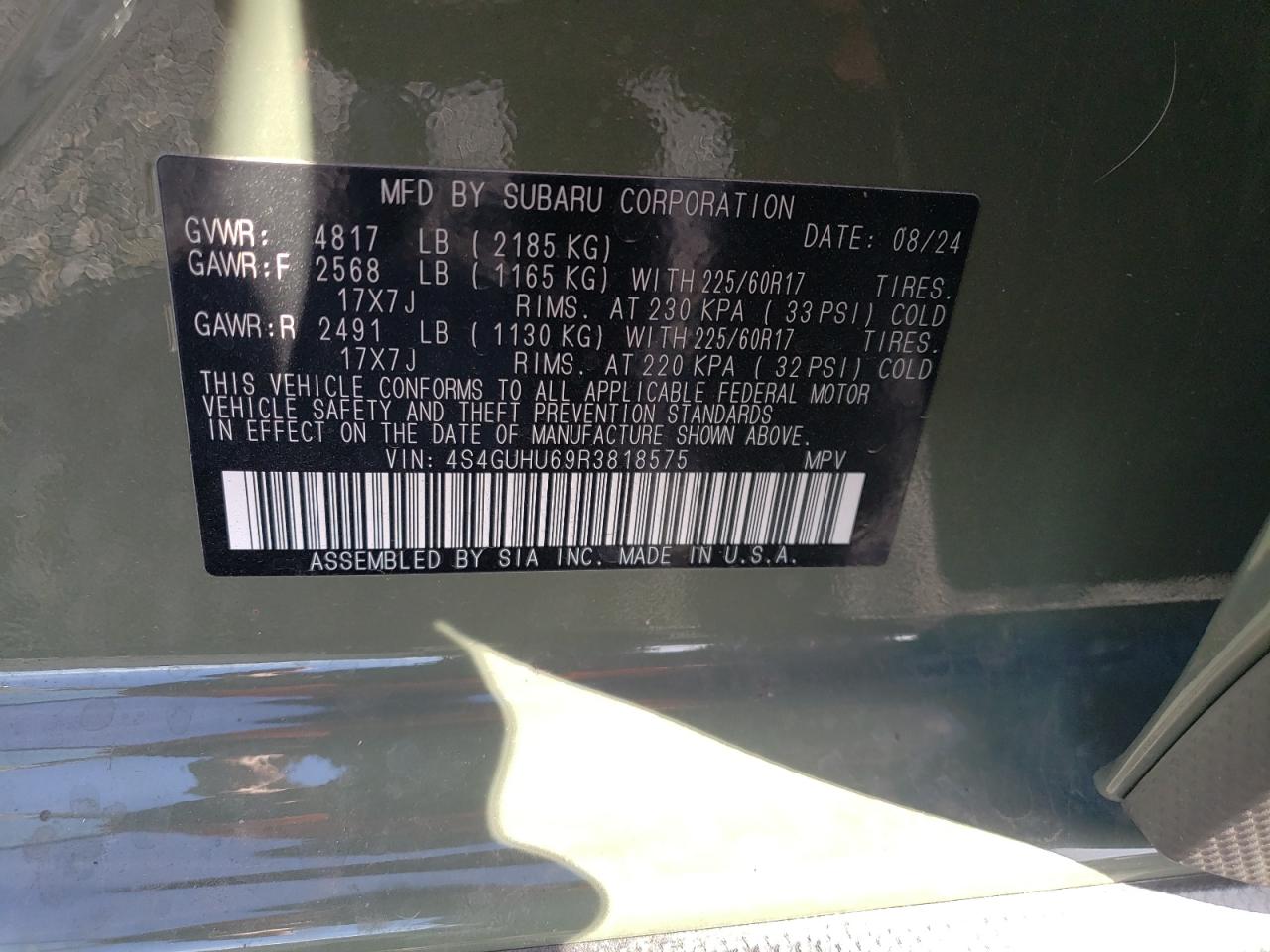 2024 SUBARU CROSSTREK WILDERNESS VIN:4S4GUHU69R3818575