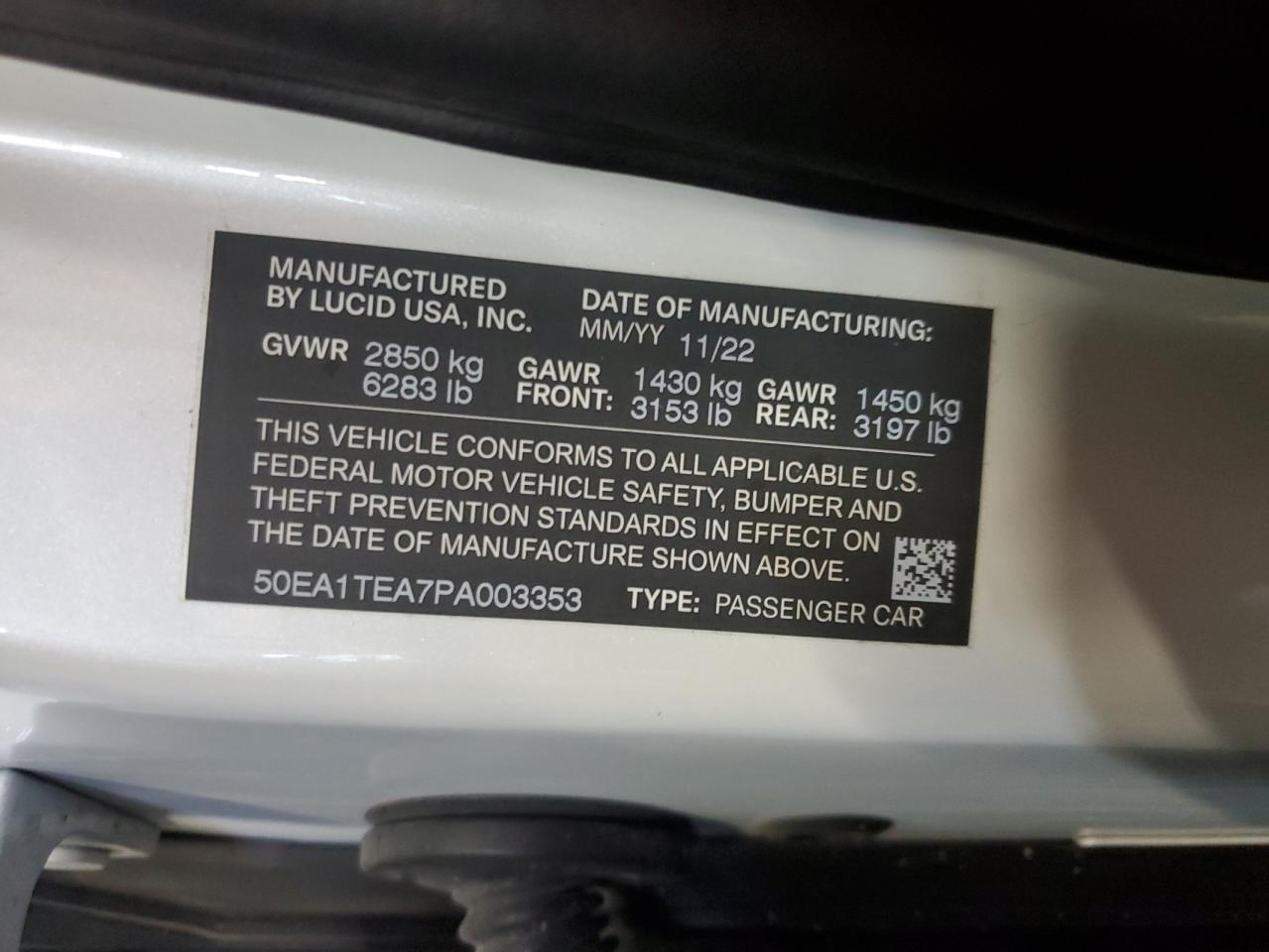 2023 LUCID MOTORS AIR TOURING VIN:50EA1TEA7PA003353