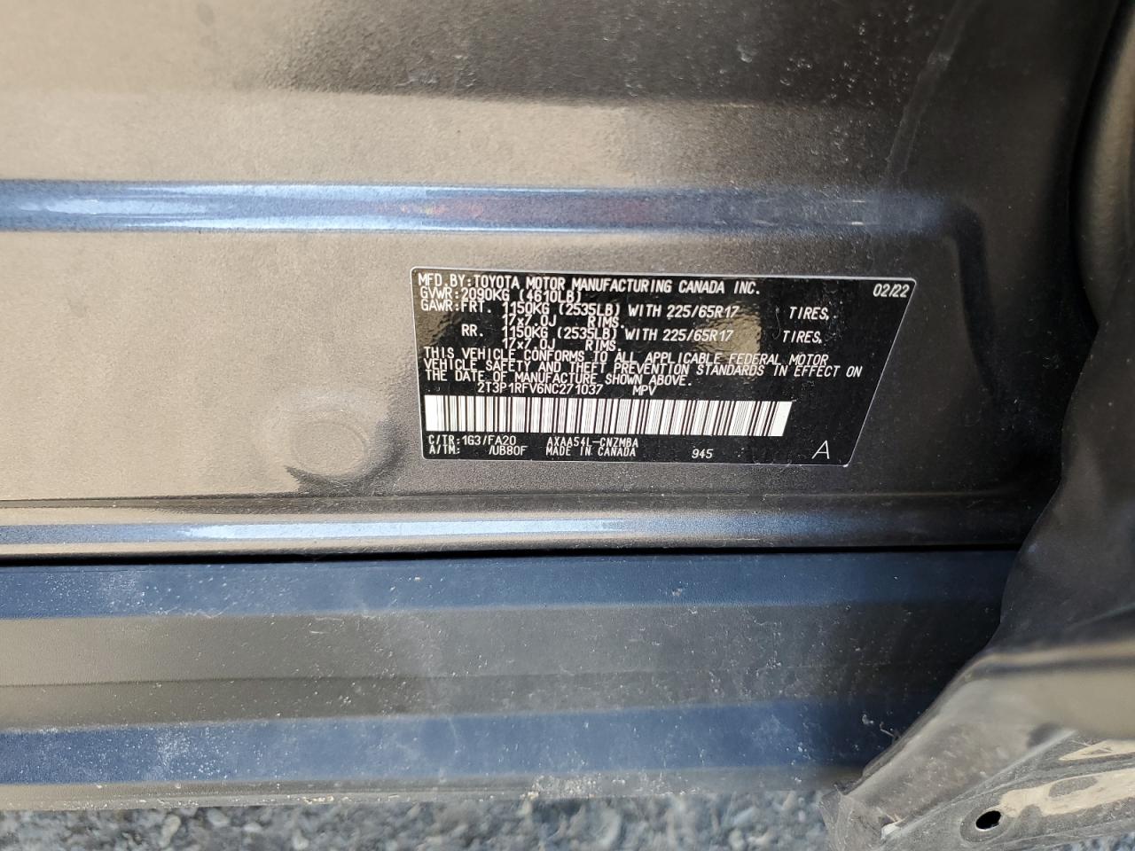 2022 TOYOTA RAV4 XLE VIN:2T3P1RFV6NC271037