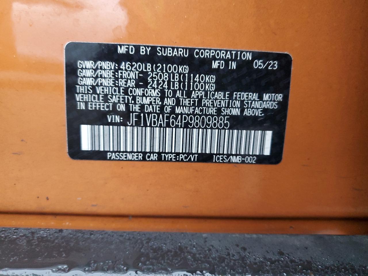 2023 SUBARU WRX PREMIUM VIN:JF1VBAF64P9809885