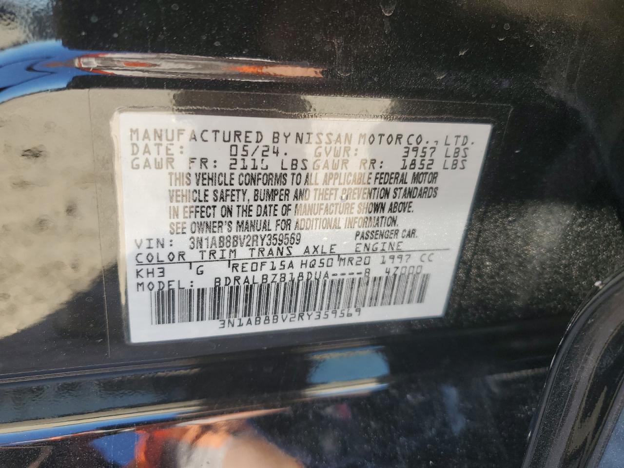 2024 NISSAN SENTRA S VIN:3N1AB8BV2RY359569