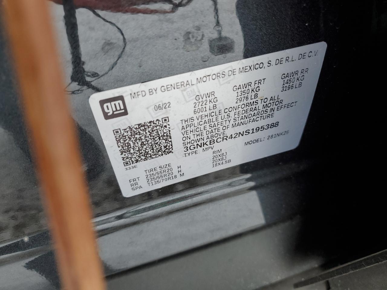 2022 CHEVROLET BLAZER 2LT VIN:3GNKBCR42NS195388