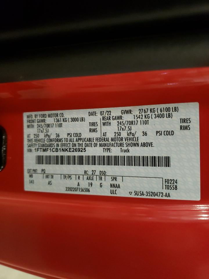 2022 FORD F150 VIN:1FTMF1CB1NKE26925