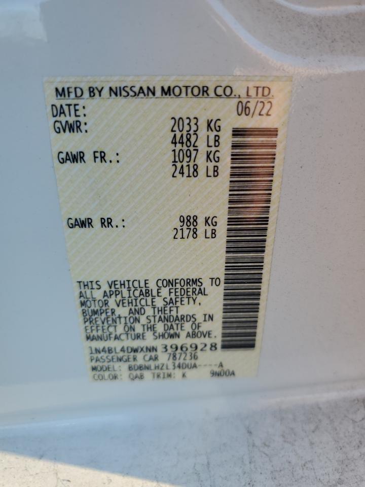 2022 NISSAN ALTIMA SV VIN:1N4BL4DWXNN396928