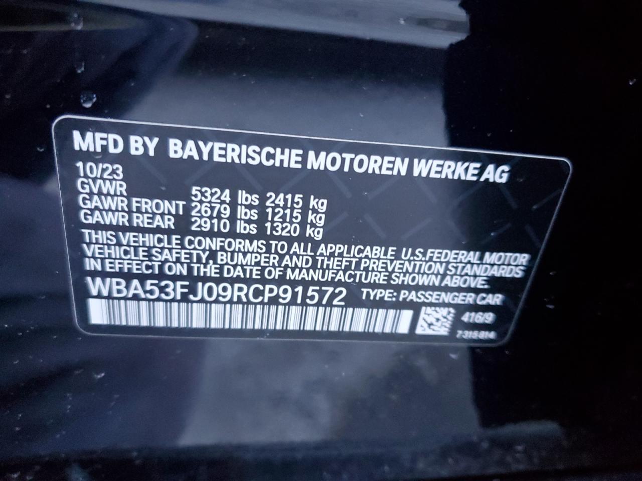 2024 BMW 530 XI VIN:WBA53FJ09RCP91572