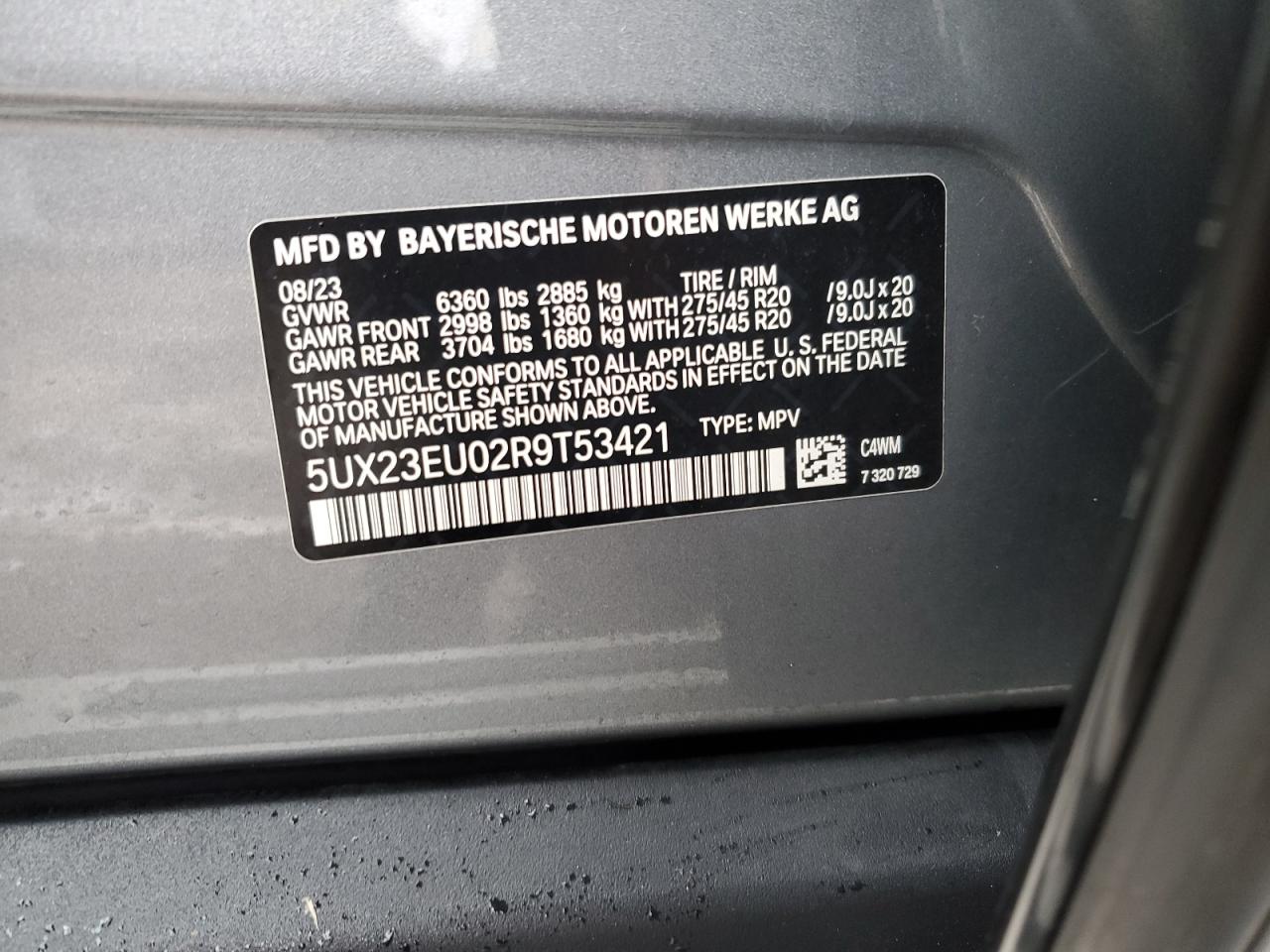 2024 BMW X5 XDRIVE40I VIN:5UX23EU02R9T53421