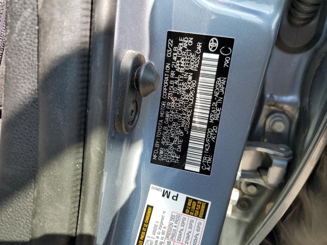 2022 TOYOTA COROLLA SE VIN:JTDS4MCE1NJ095780