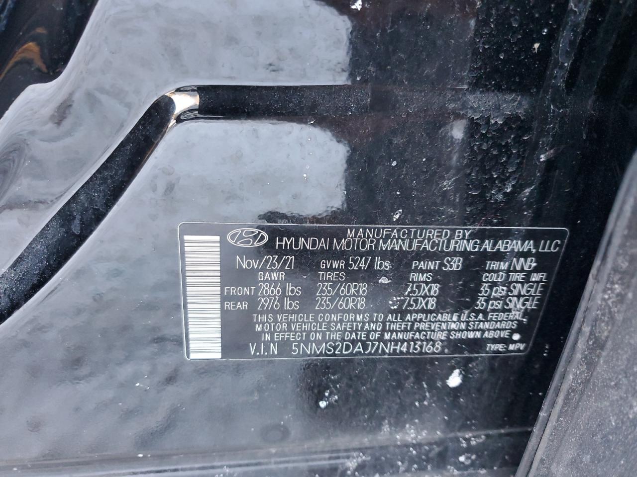 2022 HYUNDAI SANTA FE SEL VIN:5NMS2DAJ7NH413168