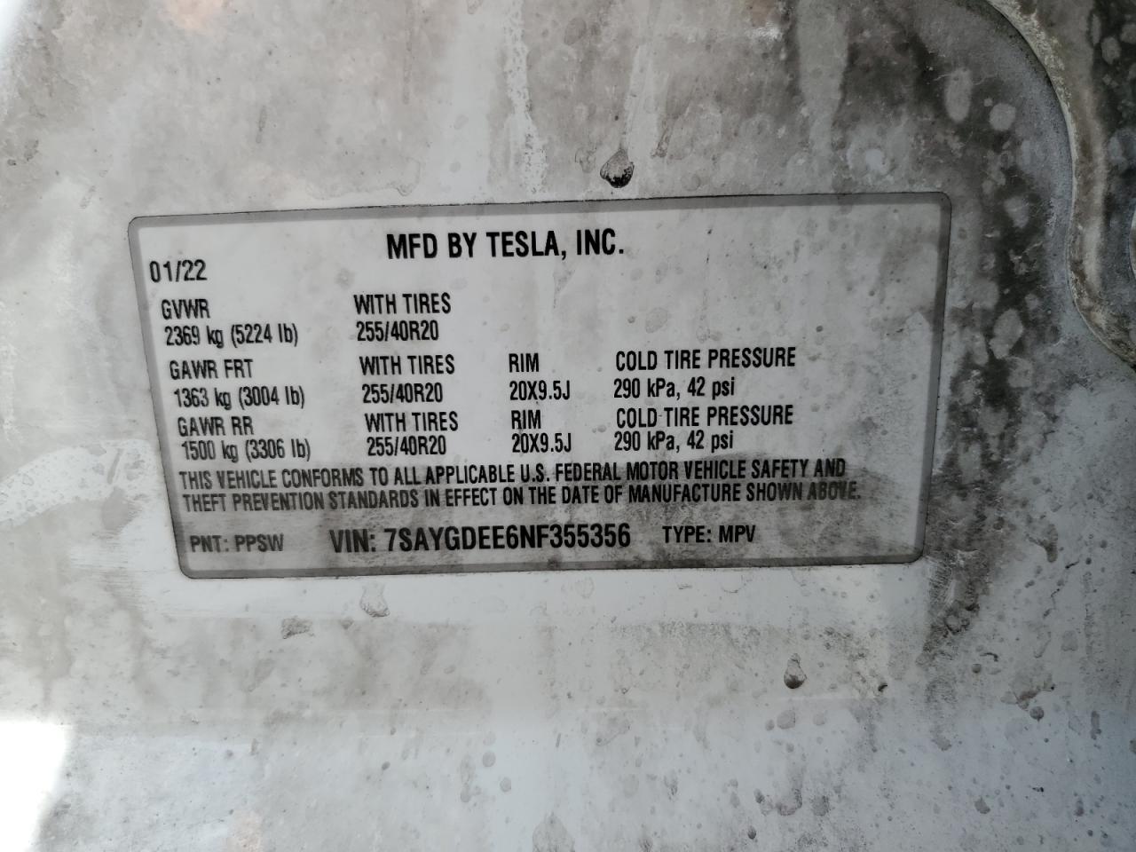 2022 TESLA MODEL Y VIN:7SAYGDEE6NF355356