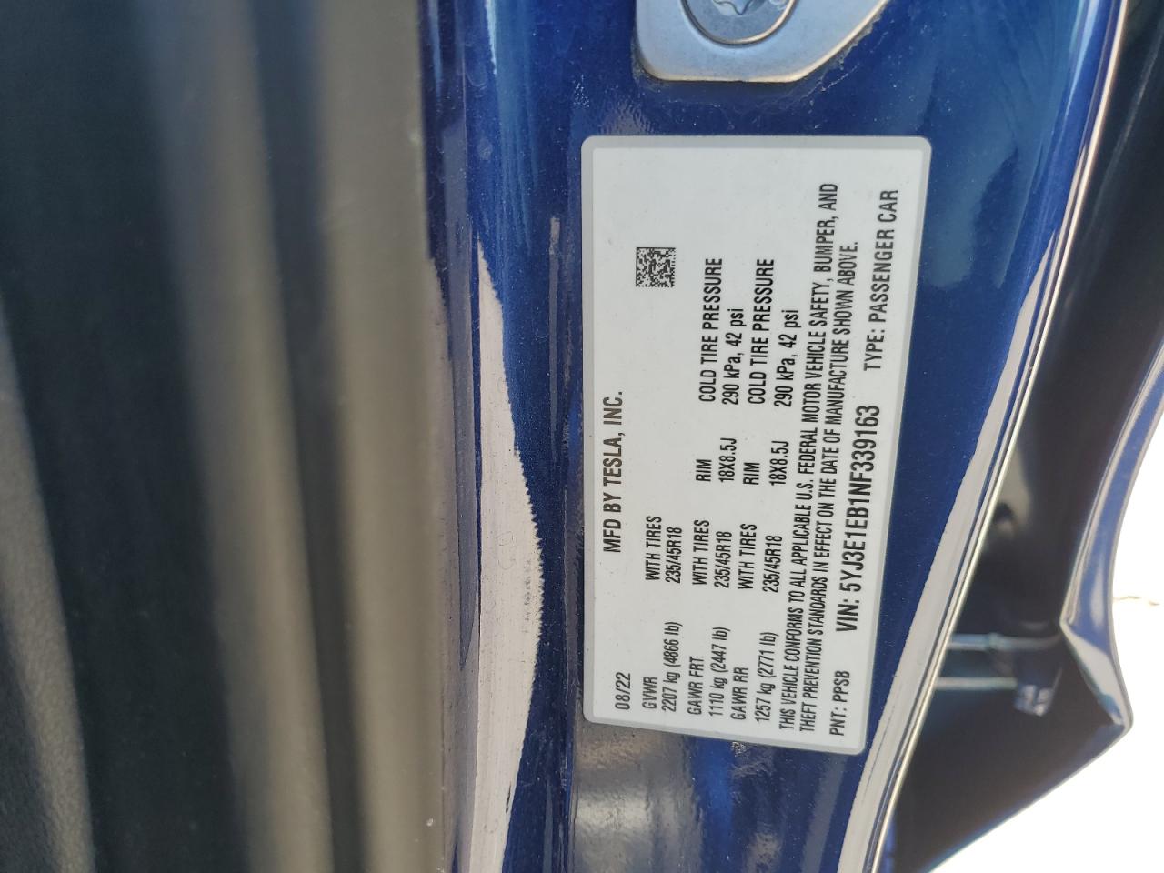 2022 TESLA MODEL 3 VIN:5YJ3E1EB1NF339163