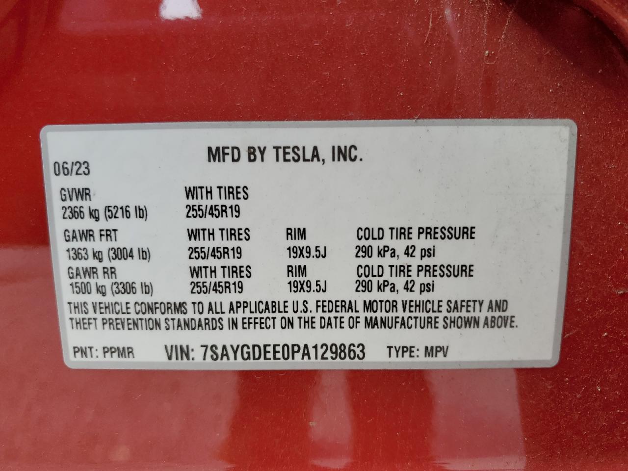 2023 TESLA MODEL Y VIN:7SAYGDEE0PA129863