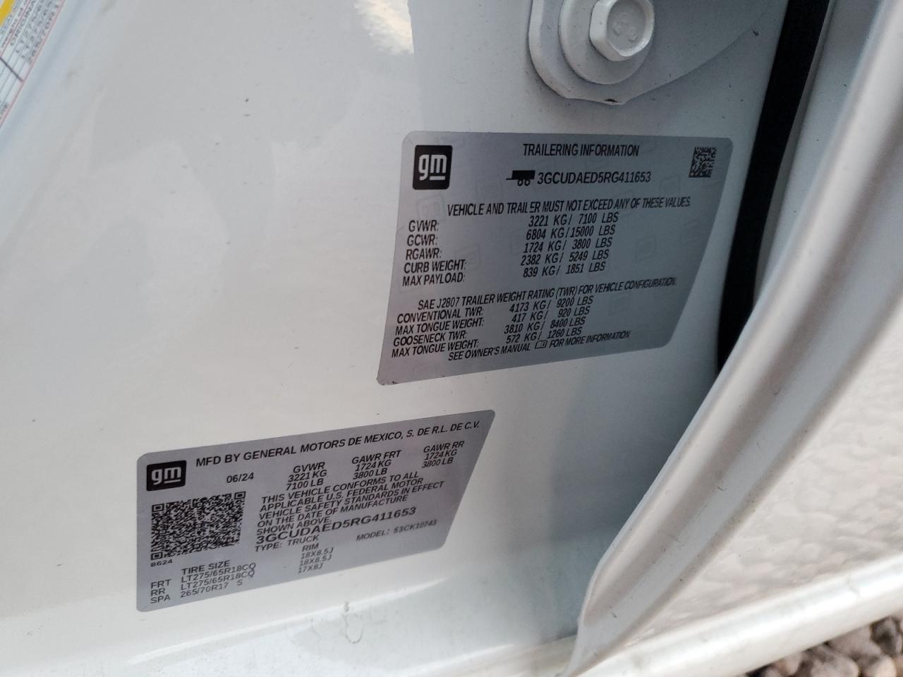 2024 CHEVROLET SILVERADO K1500 VIN:3GCUDAED5RG411653