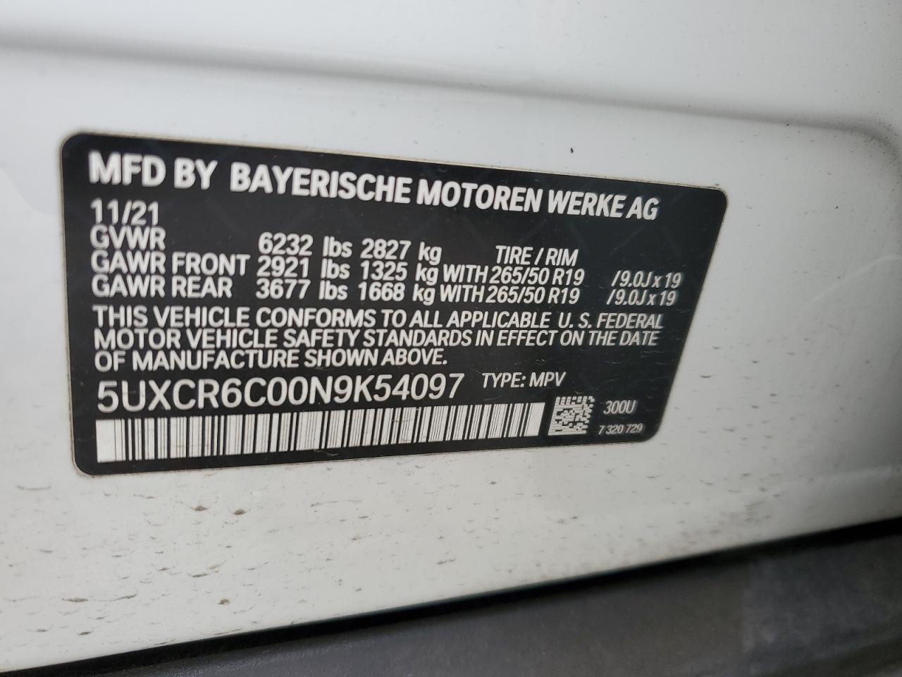 2022 BMW X5 XDRIVE40I VIN:5UXCR6C00N9K54097