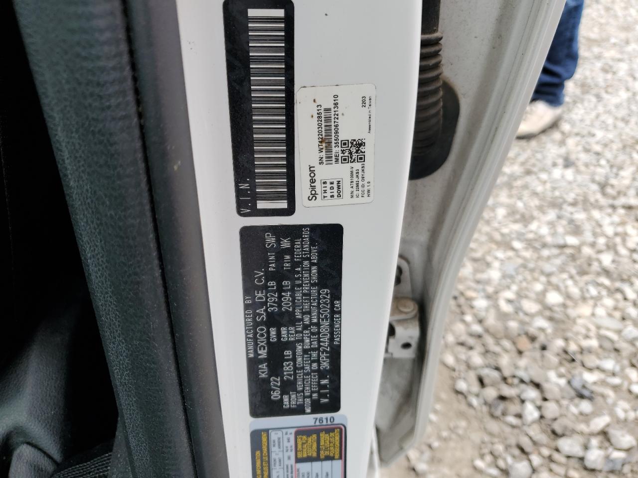 2022 KIA FORTE FE VIN:3KPF24AD8NE502329
