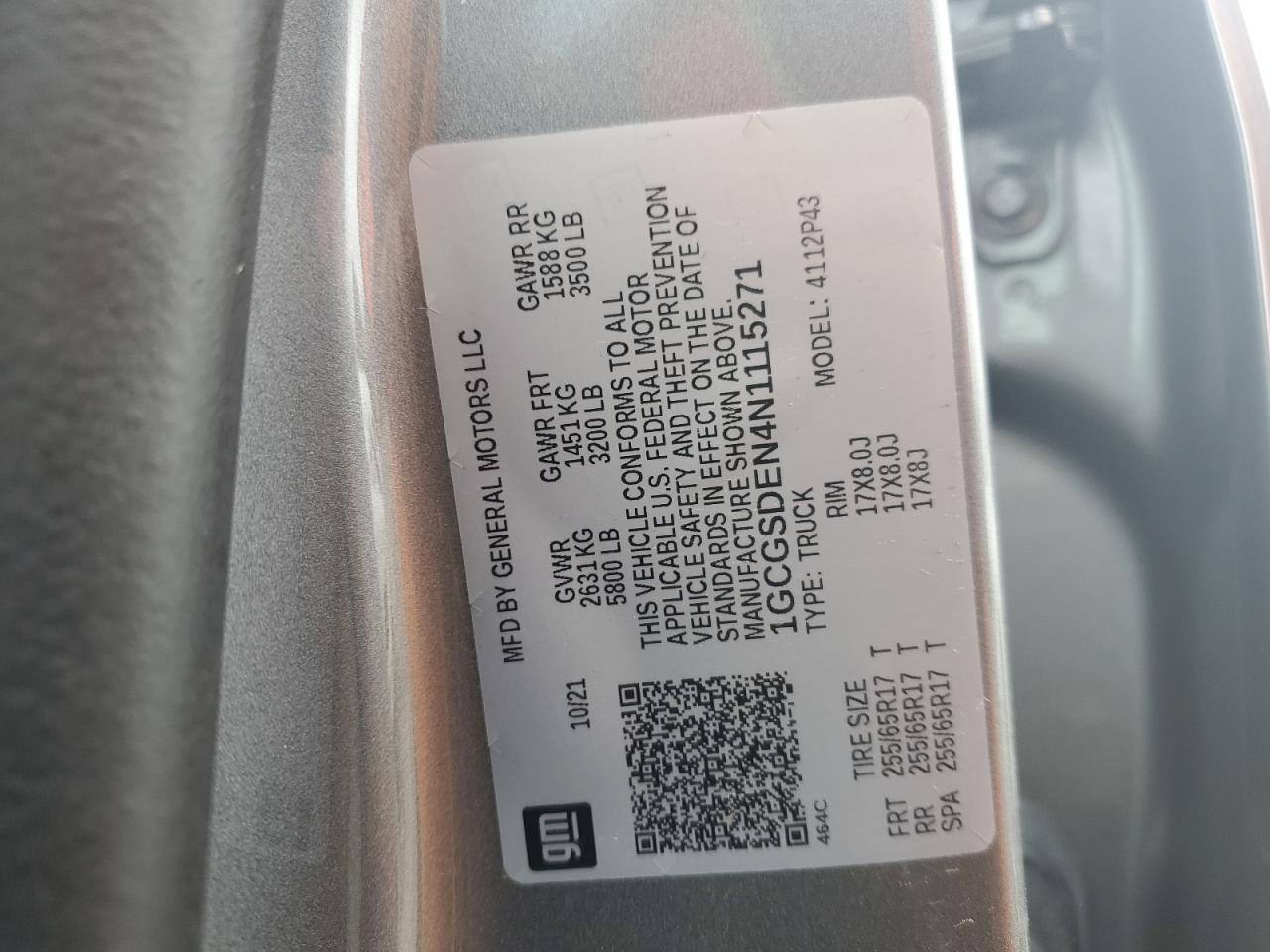 2022 CHEVROLET COLORADO Z71 VIN:1GCGSDEN4N1115271