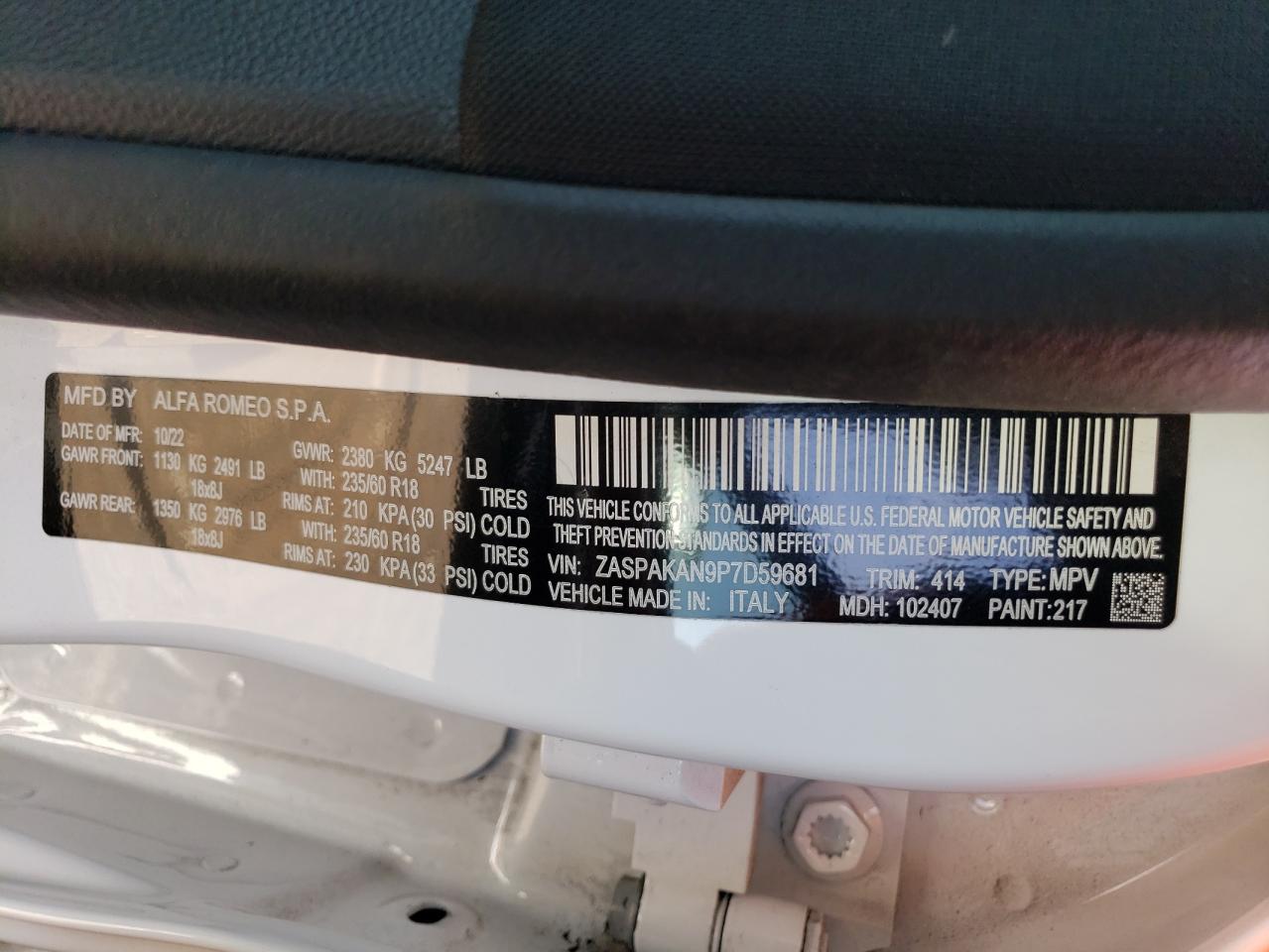 2023 ALFA ROMEO STELVIO SPRINT VIN:ZASPAKAN9P7D59681