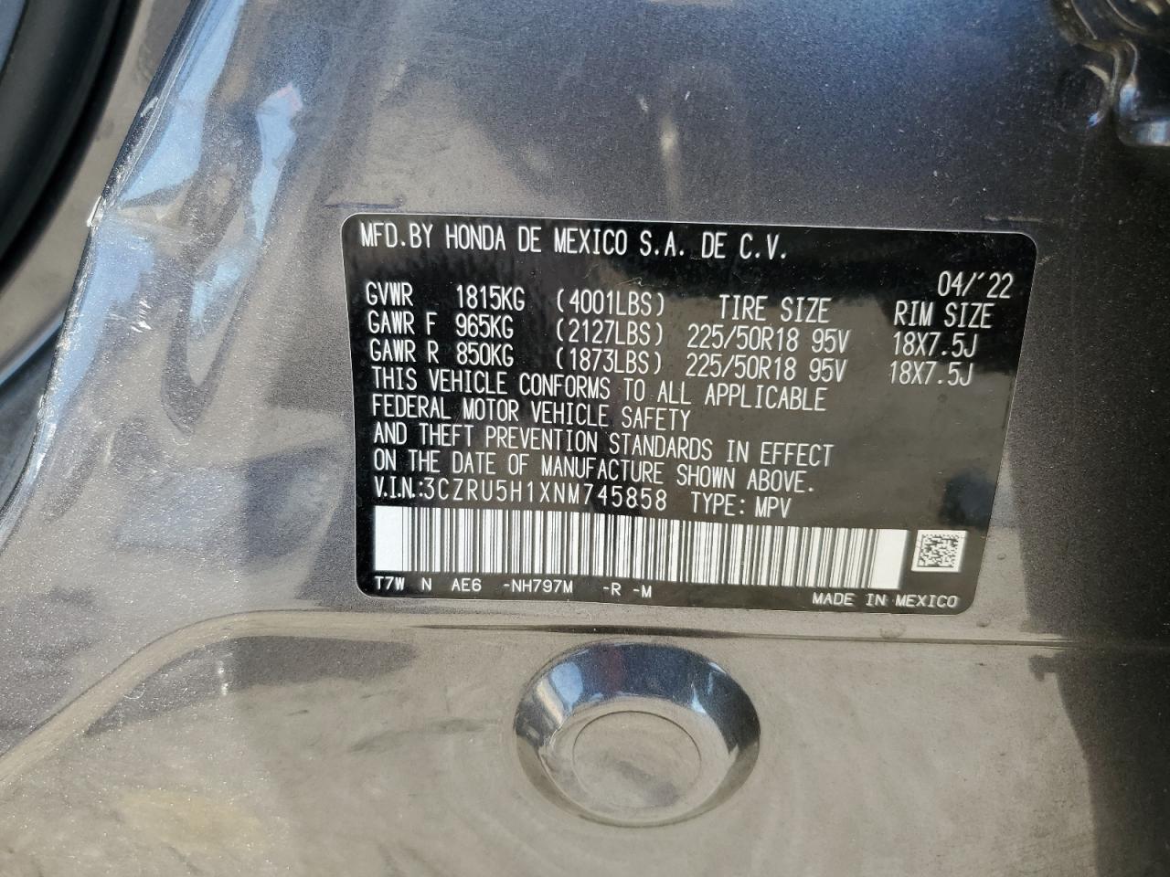 2022 HONDA HR-V SPORT VIN:3CZRU5H1XNM745858