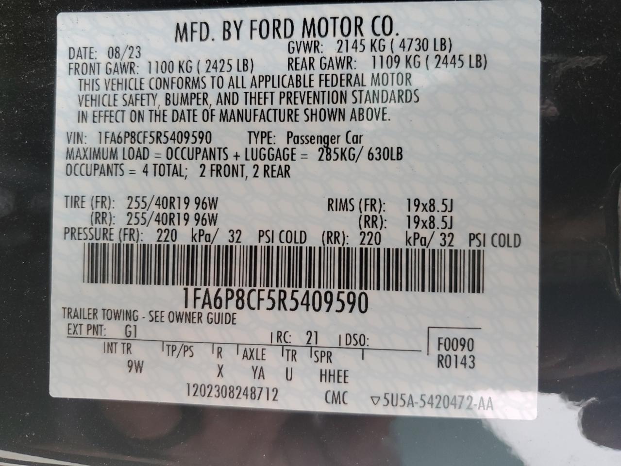 2024 FORD MUSTANG GT VIN:1FA6P8CF5R5409590