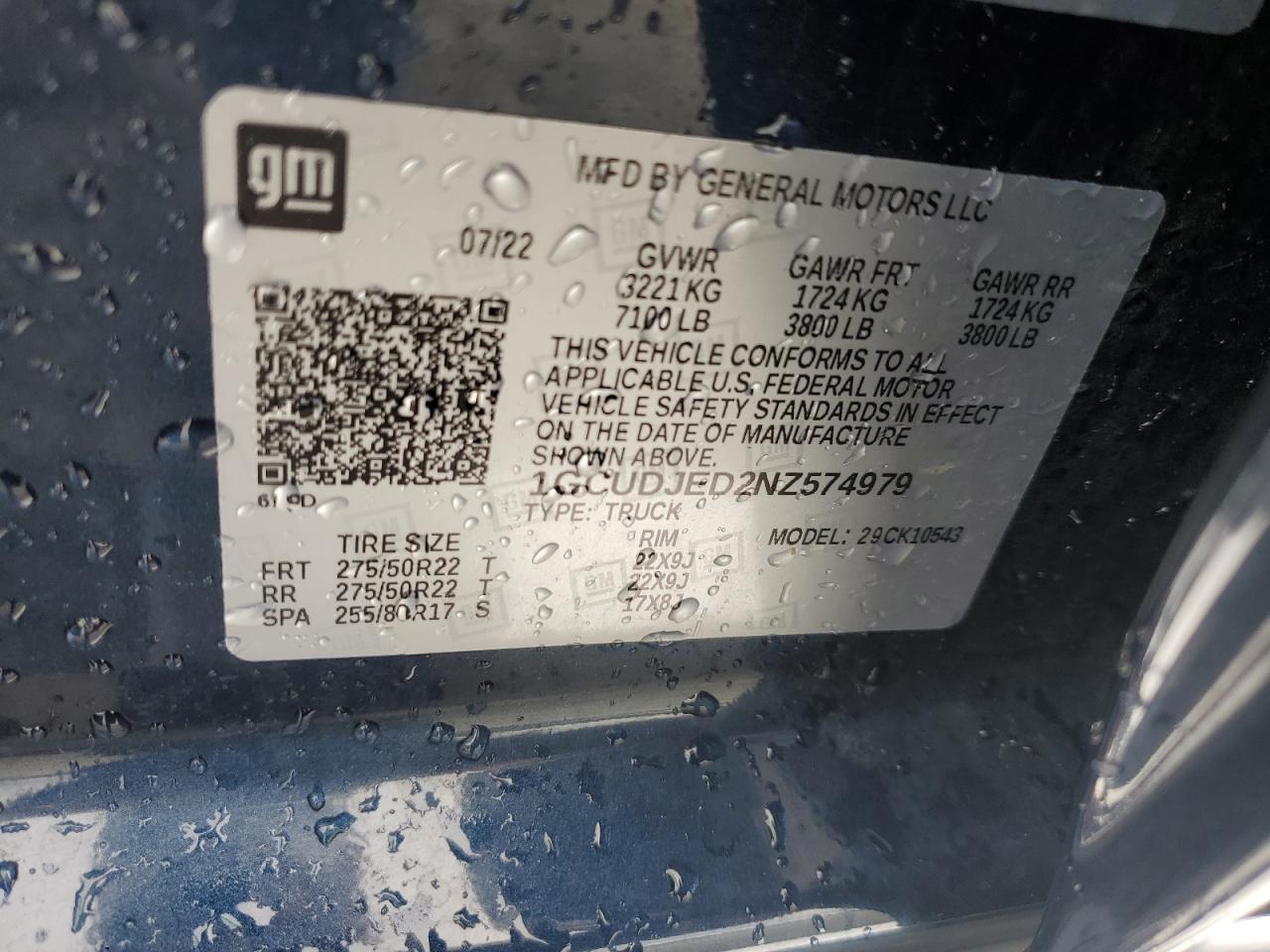 2022 CHEVROLET SILVERADO K1500 HIGH COUNTRY VIN:1GCUDJED2NZ574979