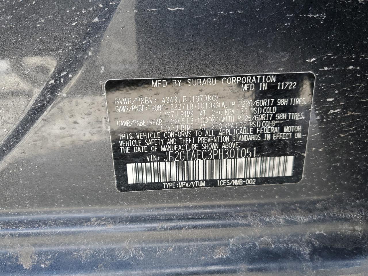 2023 SUBARU CROSSTREK PREMIUM VIN:JF2GTAEC3PH301051