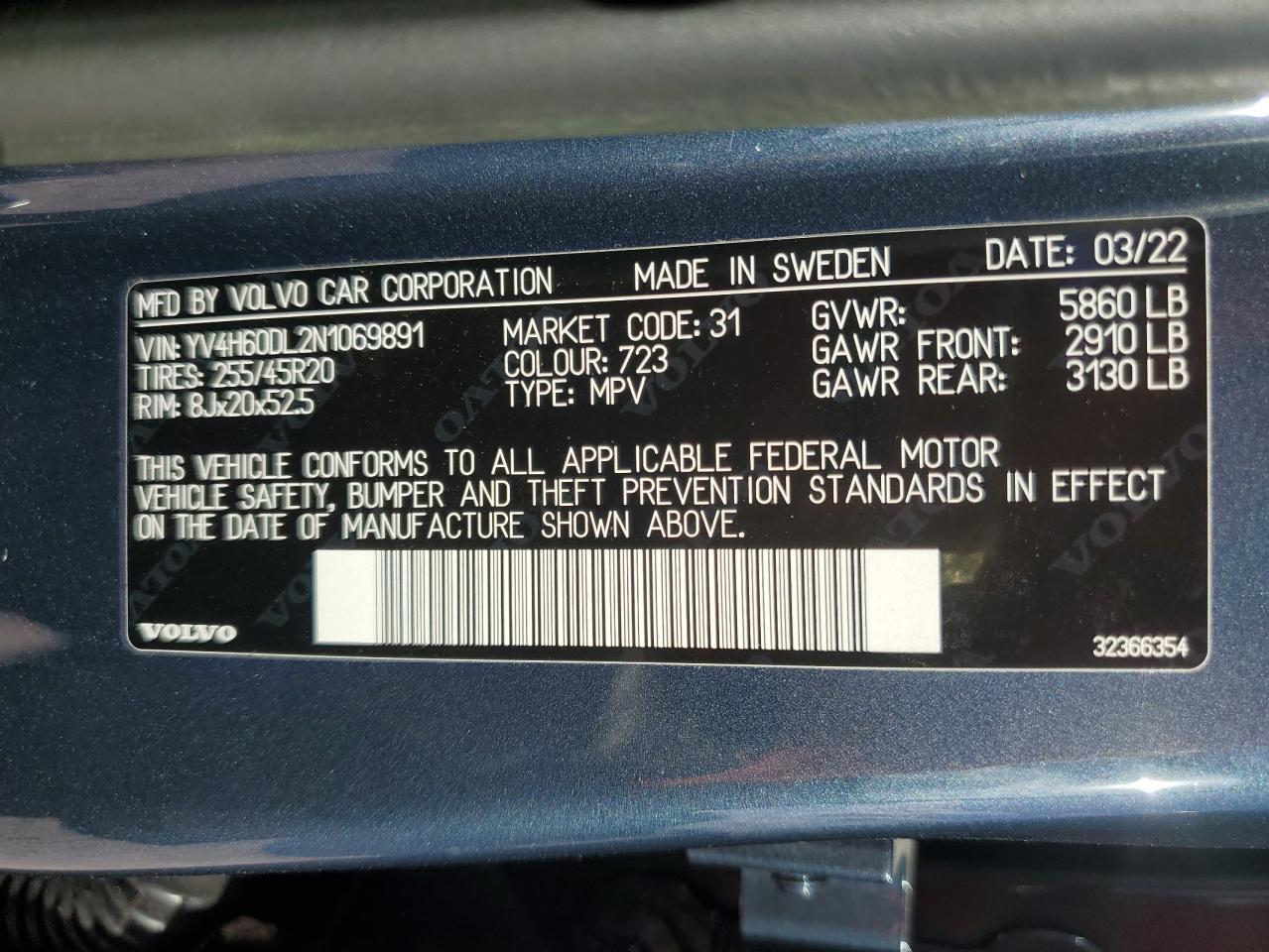 2022 VOLVO XC60 T8 RECHARGE INSCRIPTION VIN:YV4H60DL2N1069891