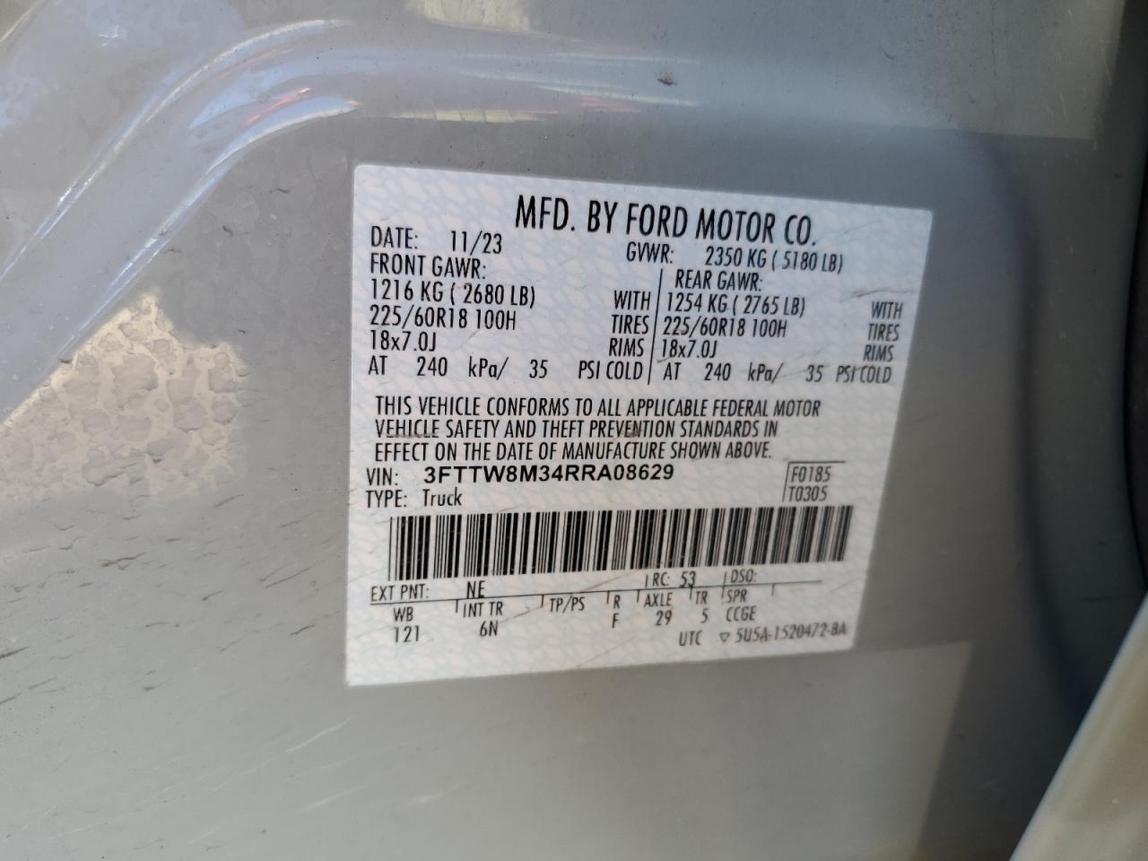 2024 FORD MAVERICK LARIAT VIN:3FTTW8M34RRA08629