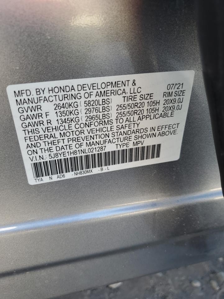 2022 ACURA MDX ADVANCE VIN:5J8YE1H81NL021287