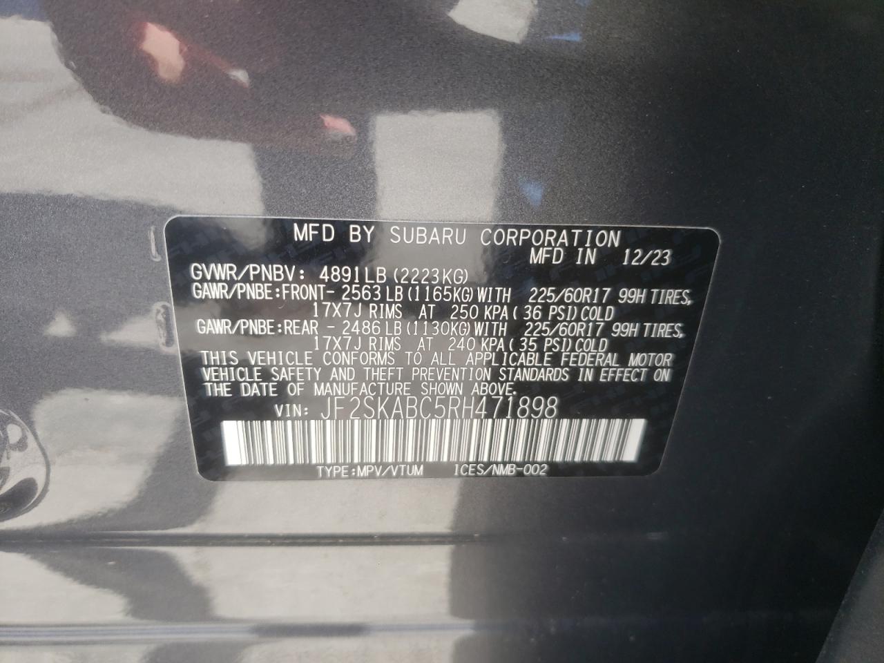 2024 SUBARU FORESTER VIN:JF2SKABC5RH471898