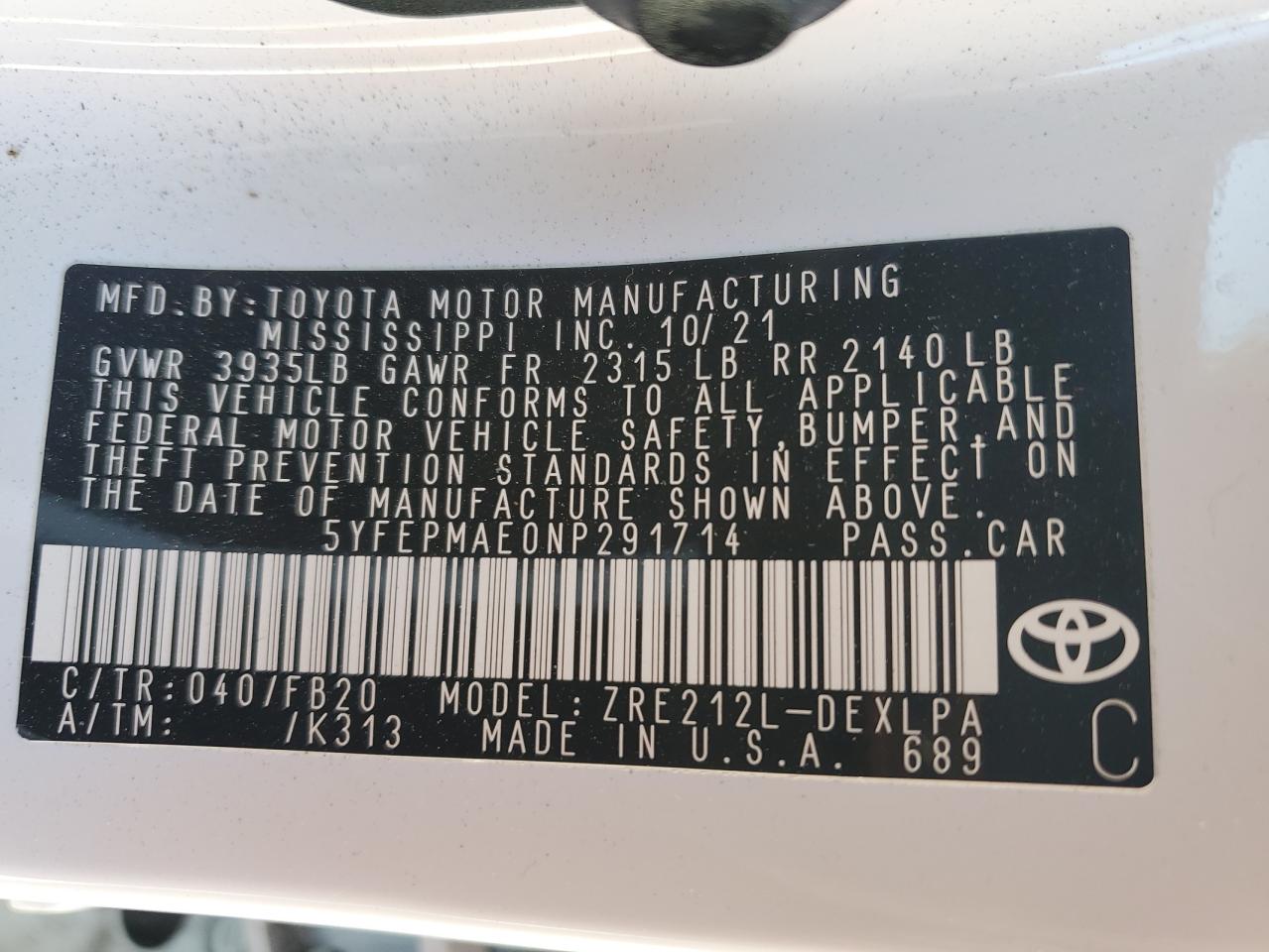 2022 TOYOTA COROLLA LE VIN:5YFEPMAE0NP291714