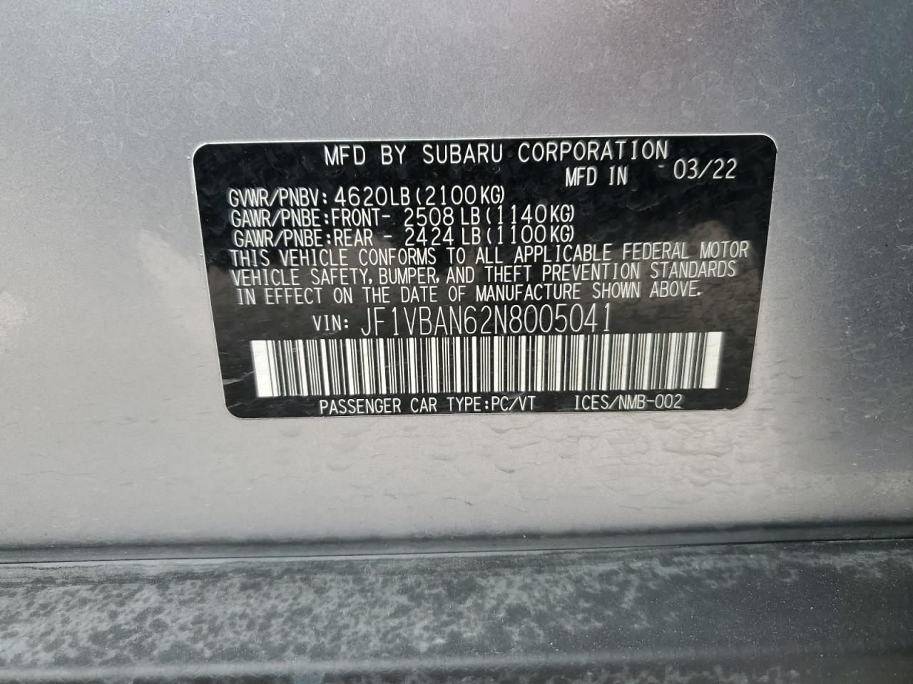 2022 SUBARU WRX LIMITED VIN:JF1VBAN62N8005041