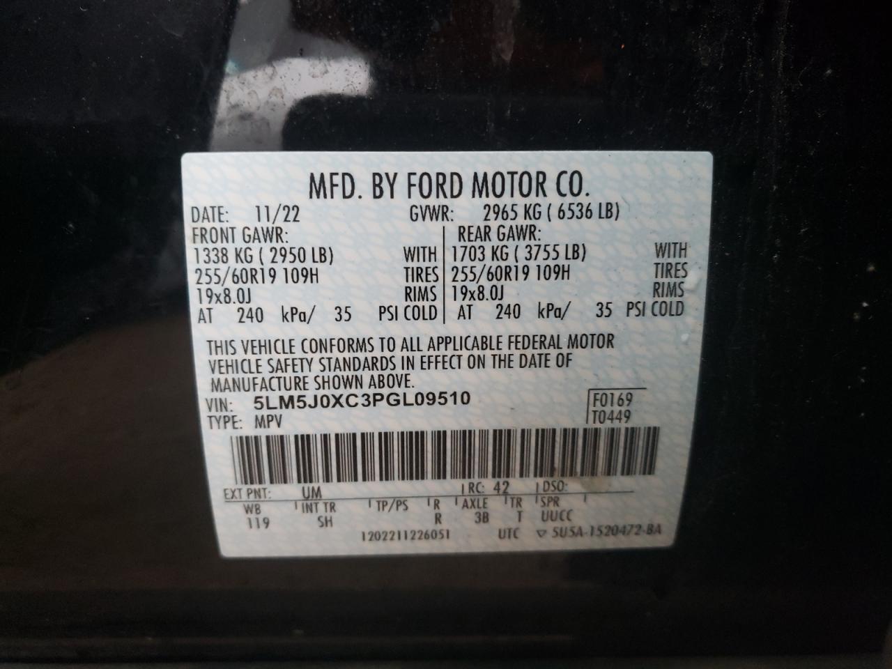 2023 LINCOLN AVIATOR VIN:5LM5J0XC3PGL09510
