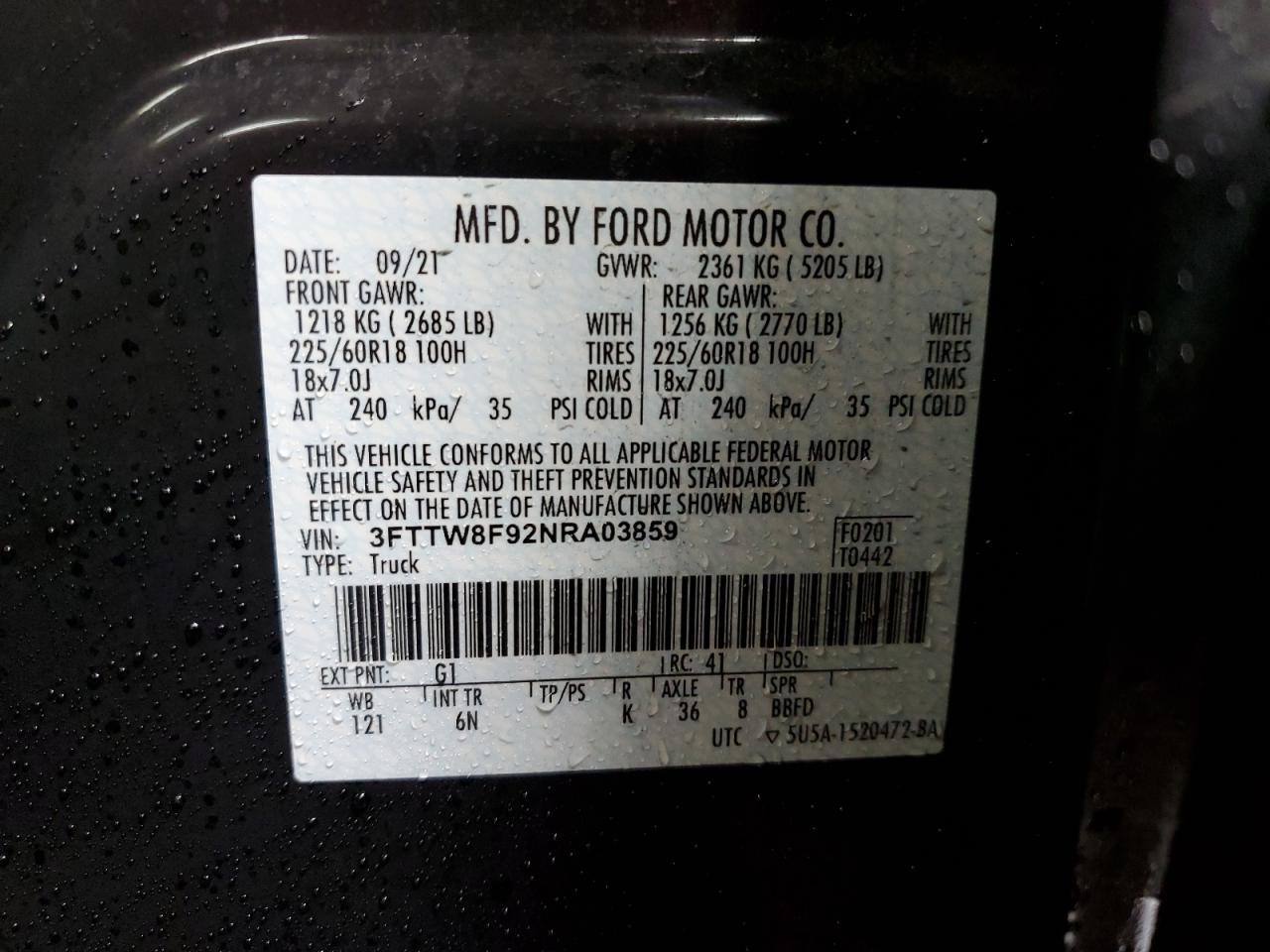 2022 FORD MAVERICK XL VIN:3FTTW8F92NRA03859