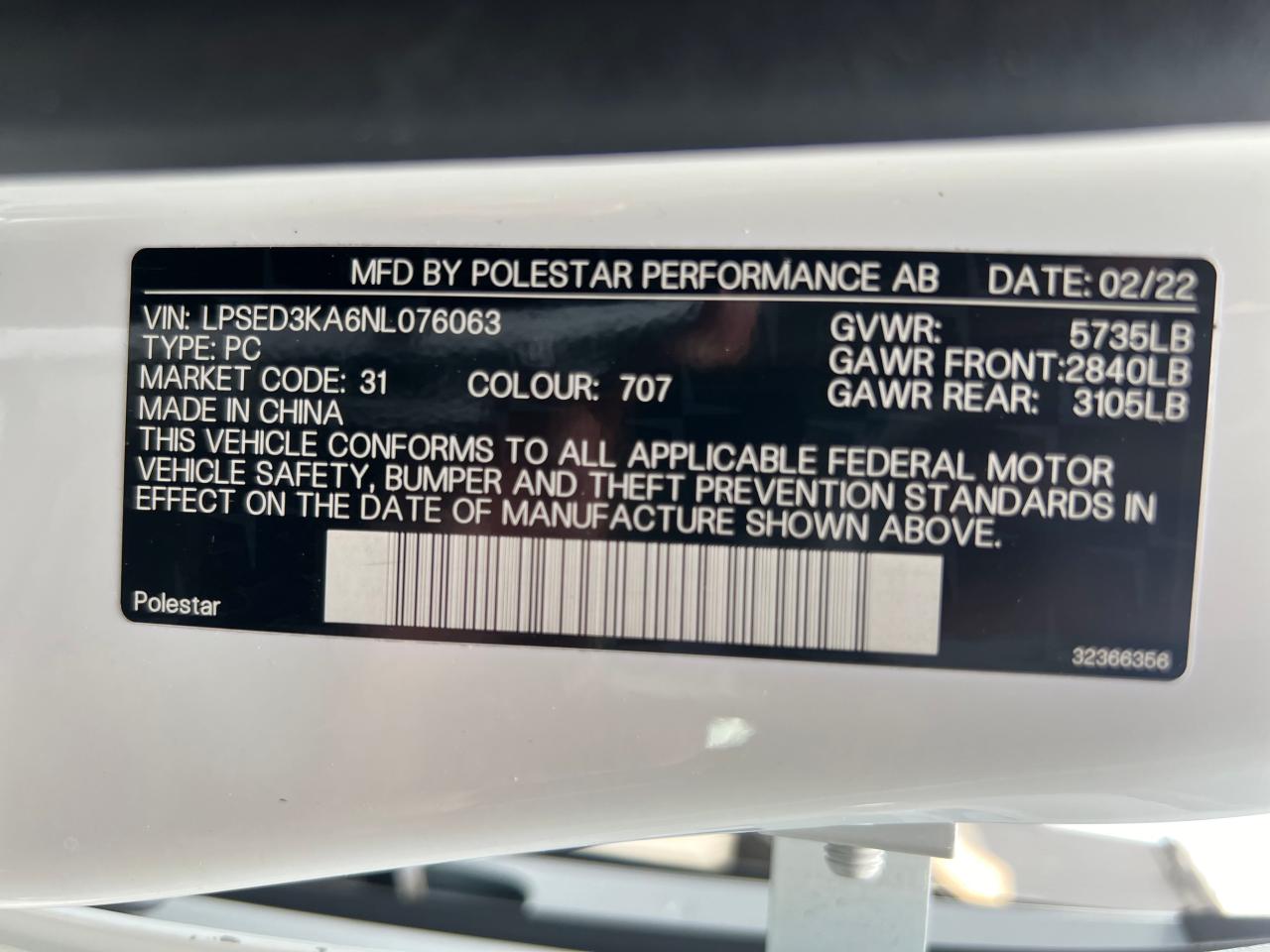 2022 POLESTAR 2 VIN:LPSED3KA6NL076063