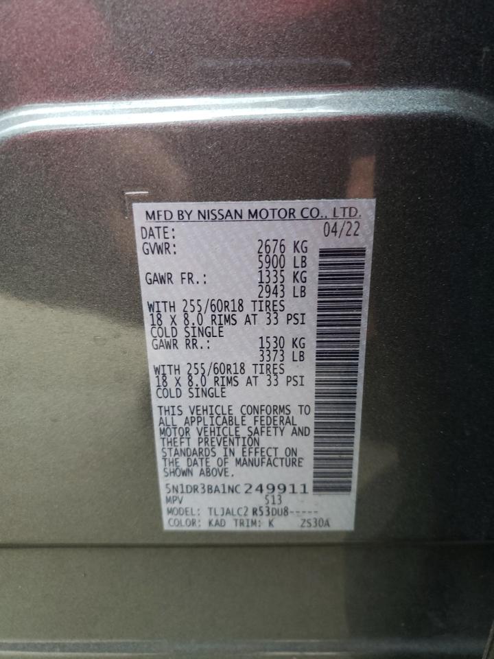 2022 NISSAN PATHFINDER SV VIN:5N1DR3BA1NC249911