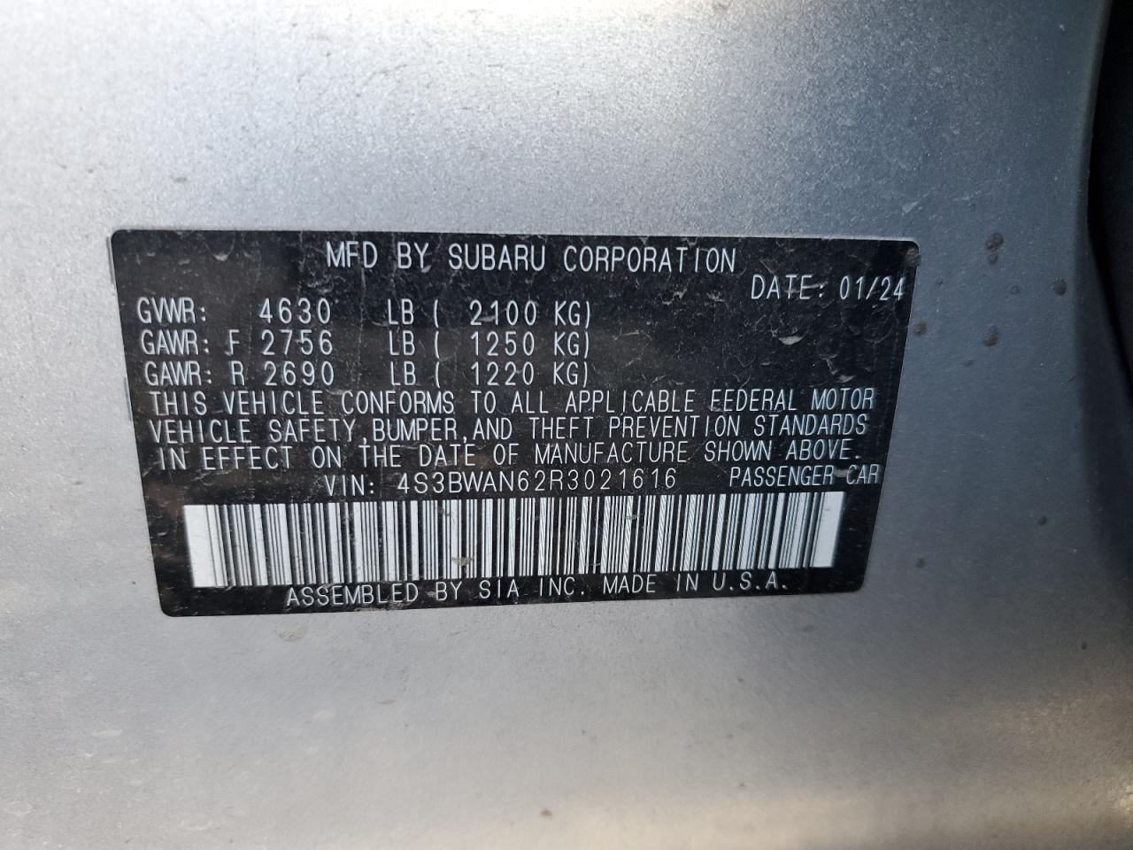 2024 SUBARU LEGACY LIMITED VIN:4S3BWAN62R3021616