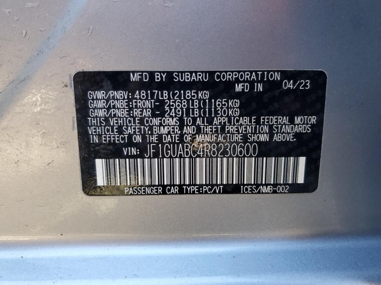 2024 SUBARU IMPREZA VIN:JF1GUABC4R8230600