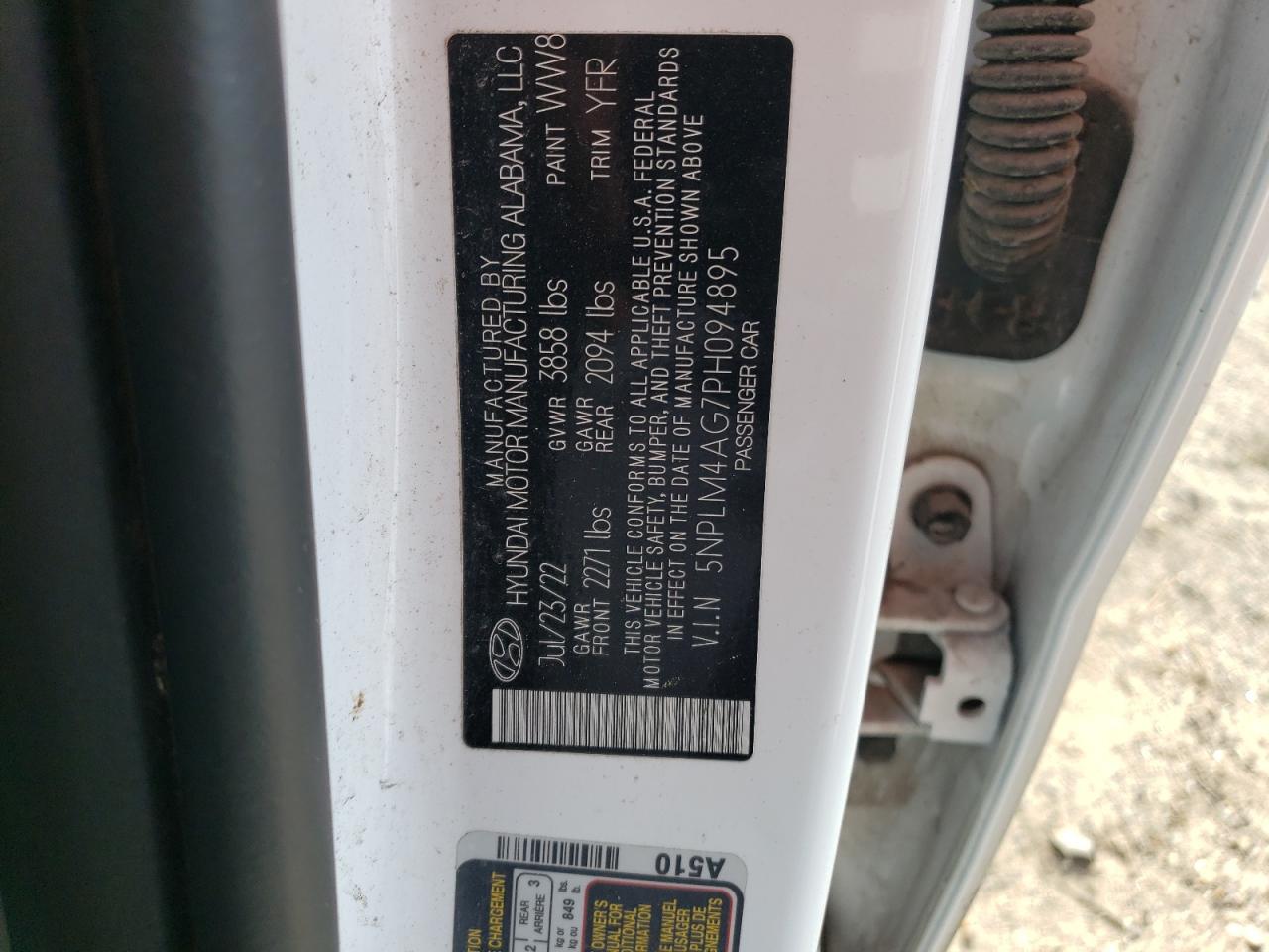 2023 HYUNDAI ELANTRA SEL VIN:5NPLM4AG7PH094895