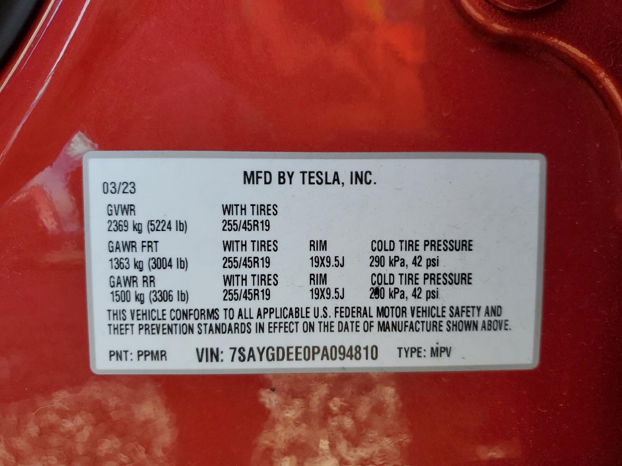 2023 TESLA MODEL Y VIN:7SAYGDEE0PA094810