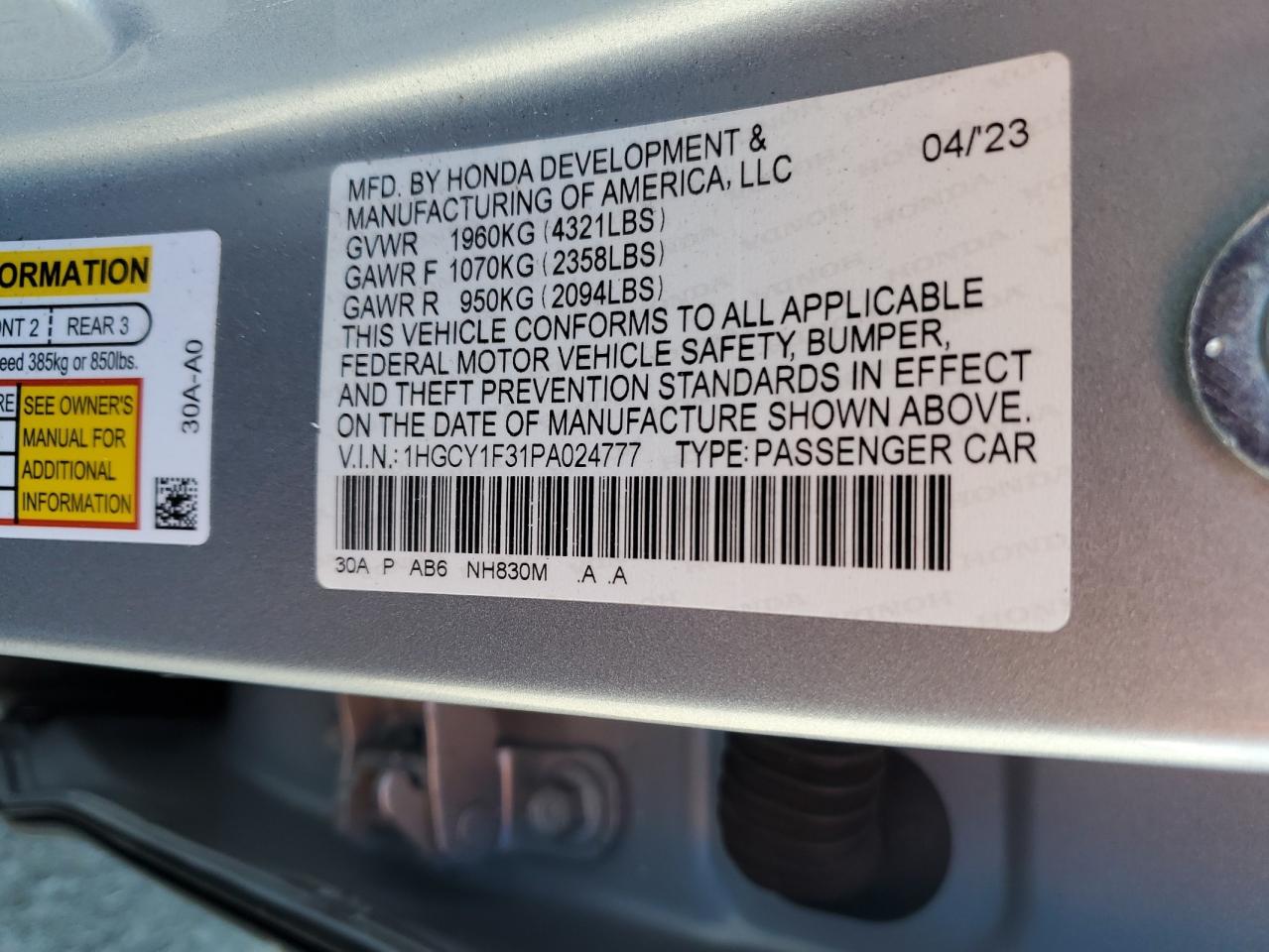 2023 HONDA ACCORD EX VIN:1HGCY1F31PA024777