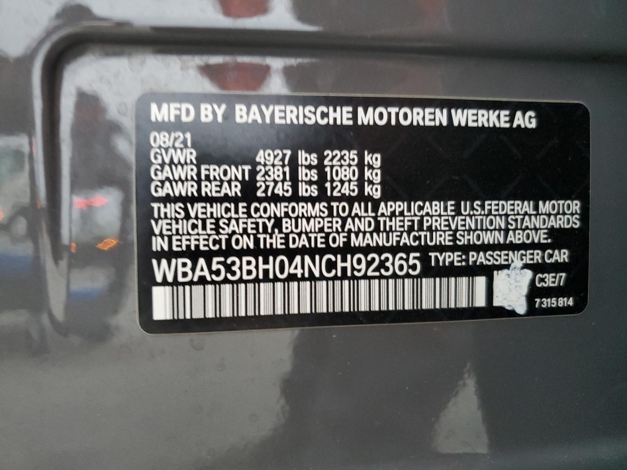 2022 BMW 530 I VIN:WBA53BH04NCH92365