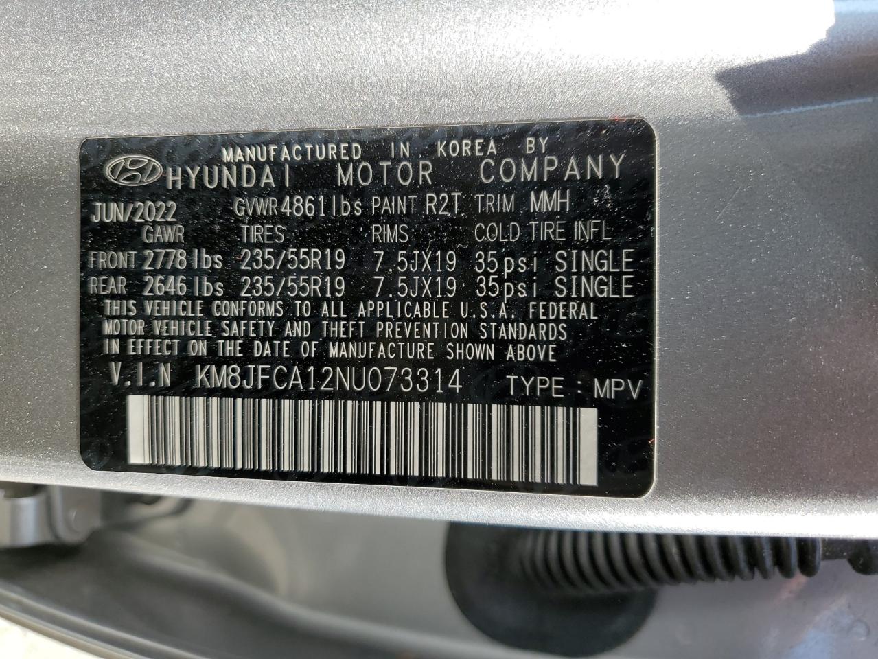 2022 HYUNDAI TUCSON SEL CONVENIENCE VIN:KM8JFCA12NU073314