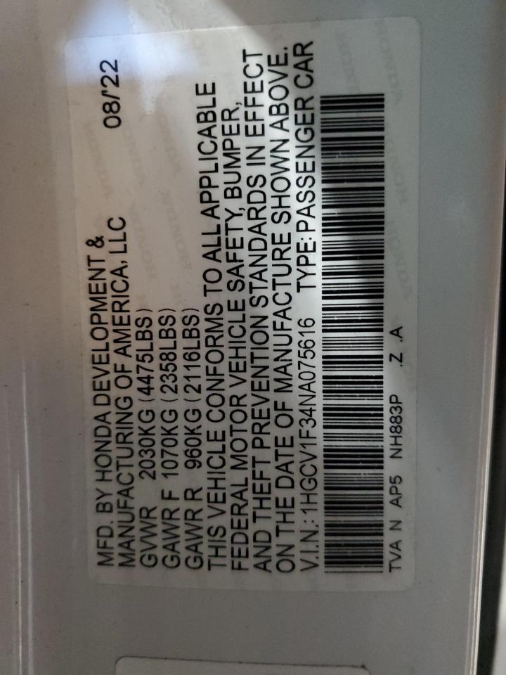2022 HONDA ACCORD SPORT VIN:1HGCV1F34NA075616