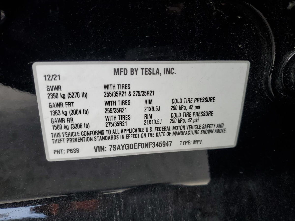 2022 TESLA MODEL Y VIN:7SAYGDEF0NF345947