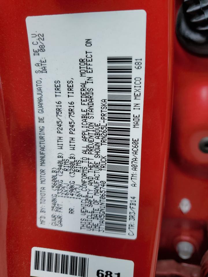 2022 TOYOTA TACOMA DOUBLE CAB VIN:3TYAX5GN1NT065740