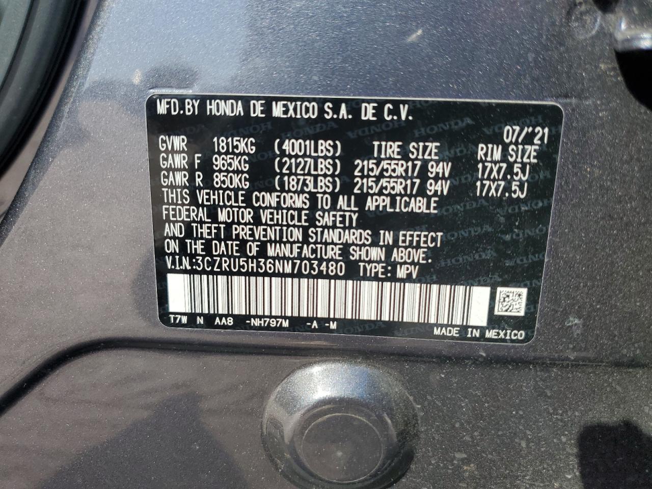 2022 HONDA HR-V LX VIN:3CZRU5H36NM703480