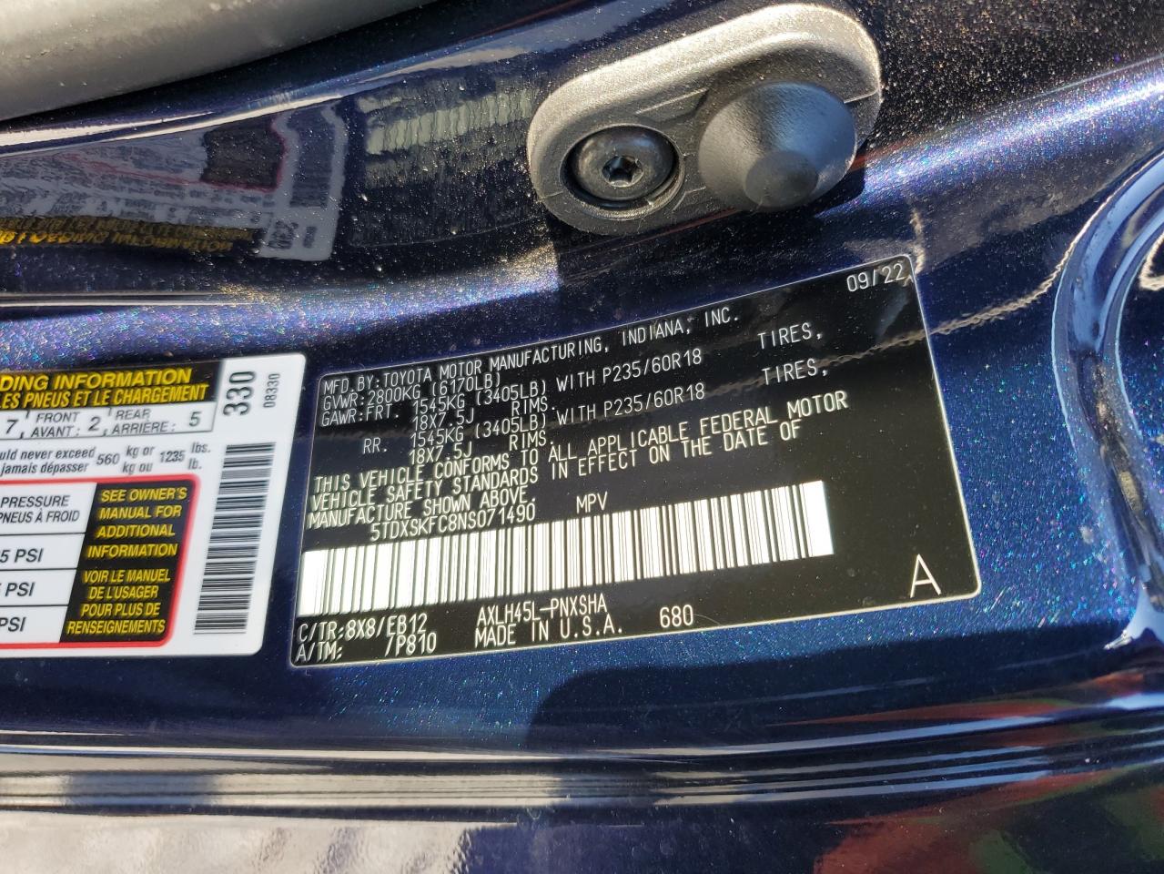 2022 TOYOTA SIENNA XSE VIN:5TDXSKFC8NS071490